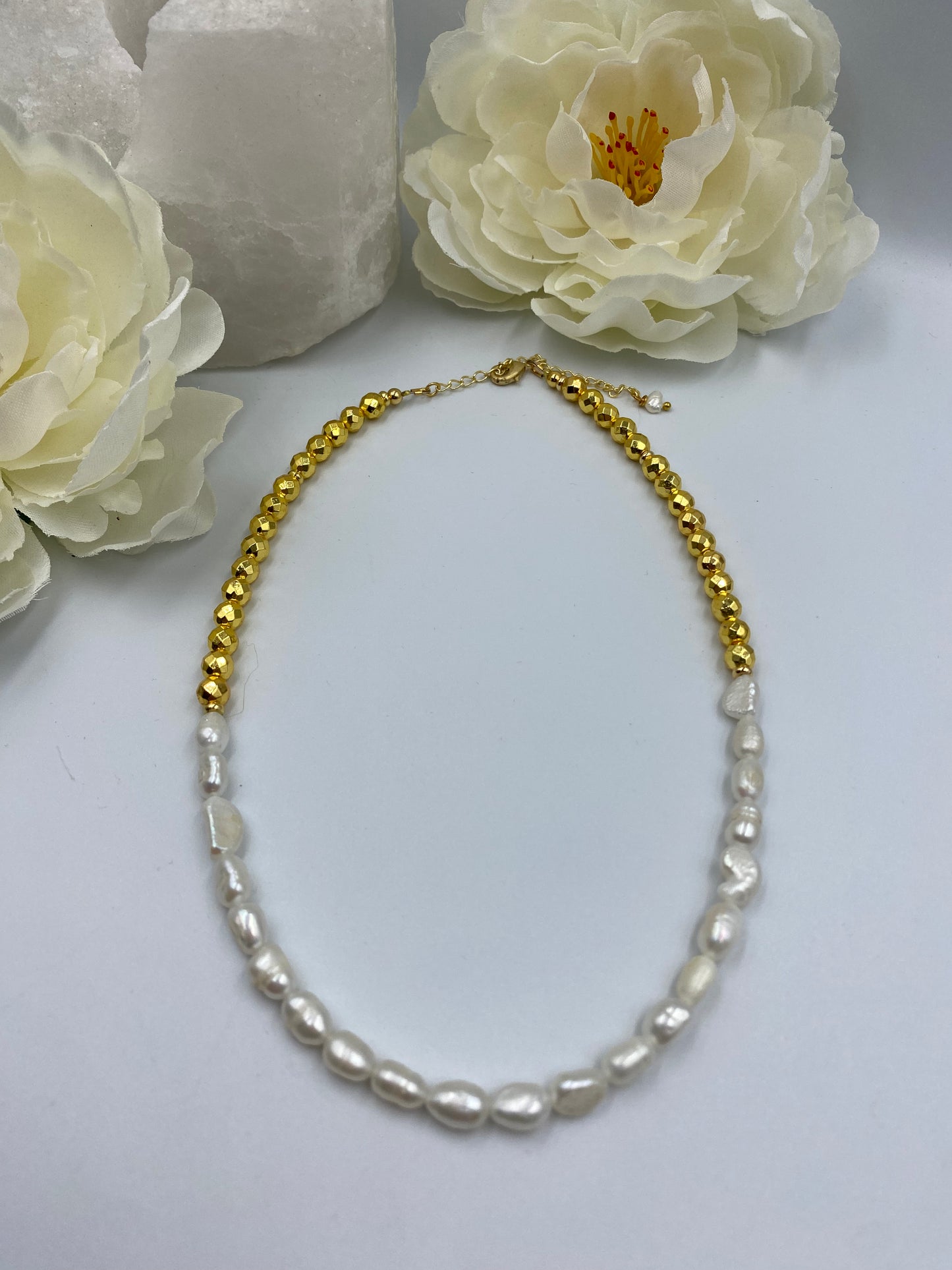 Breanna Necklace - freshwater pearls & gold plated hematite