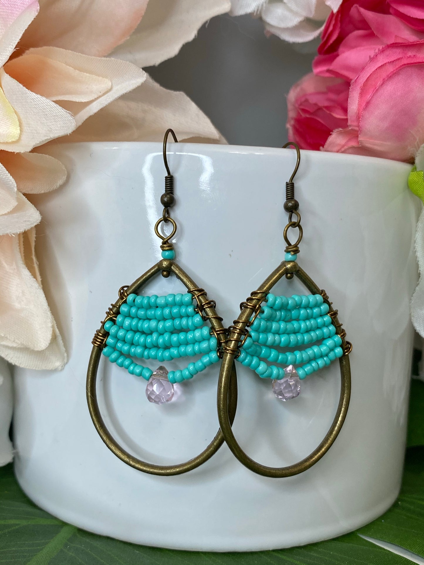 Turquoise & Light Pink Boho Gemstone Earrings